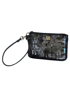 Coach Sequin Wristlet Wallet Clutch Bag Leather  Black Silver Evening Zip Tech